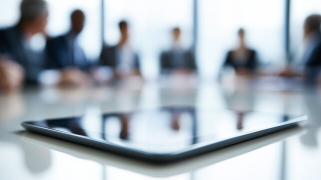 A low angle, close up photograph prioritizing a thin, modern tablet placed flat on a glossy beige boardroom table. Ai generated