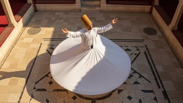 Whirling dervish in white robe spins with arms outstretched on patterned courtyard floor