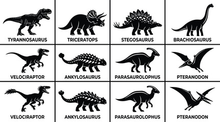 Dinosaur Silhouette Vector Bundle Featuring Tyrannosaurus, Triceratops, Stegosaurus, Brachiosaurus, Velociraptor, Ankylosaurus, Parasaurolophus, and Pteranodon © MdAzijul