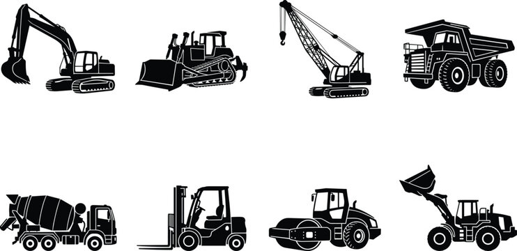 Construction Equipment Silhouette Vector Bundle Featuring Excavator, Bulldozer, Crane, Dump Truck, Cement Mixer, Forklift, Road Roller, and Loader