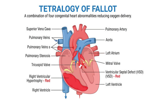 Heart diagram showing Tetralogy of Fallot congenital defects.