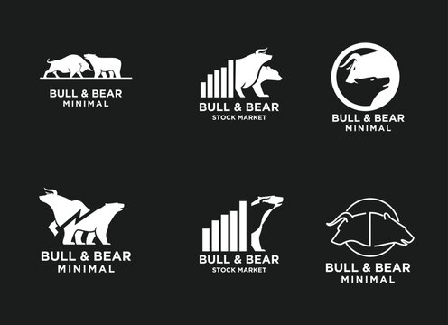 Bull and Bear Stock Market Minimalist Vector Logo Designs Set for Finance Business