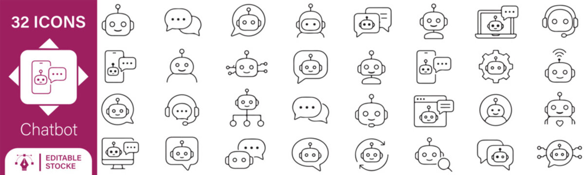 Chatbot and AI Assistant Line Icons Set - 32 Editable Stroke Customer Support, Virtual Helper, and Automated Robot Messenger Vector Elements