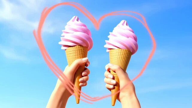 Two hands raising paired pink soft-serve cones for cheerful toast against clear blue sky, low viewpoint highlighting waffle texture, creamy swirls, bright daylight, summer mood