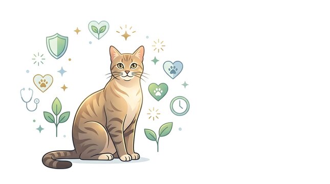 Ginger tabby cat with veterinary icons on white background, feline pet healthcare and wellness concept, domestic cat with medical symbols