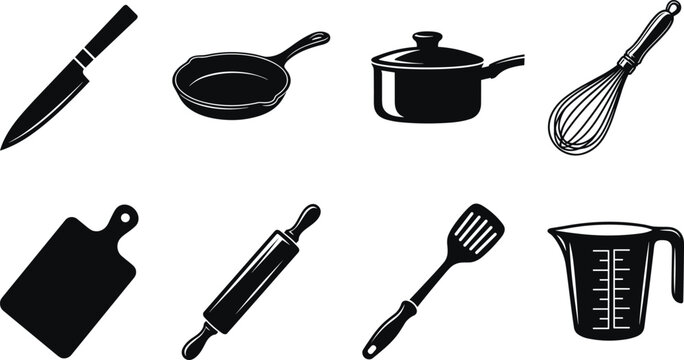 Kitchen Utensil Silhouette Vector Bundle Featuring Knife, Pan, Pot, Whisk, Cutting Board, Rolling Pin, Spatula, and Measuring Cup