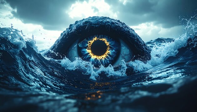 Mysterious giant eye emerges from stormy ocean waves, symbolizing surveillance or the unknown