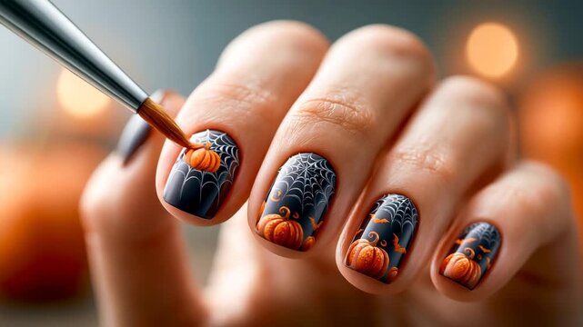 Macro of Spider Web Halloween Nail Art Painting on Black Nails