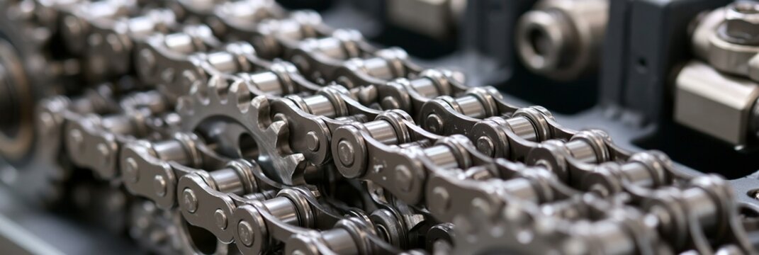 Medium shot of roller chain meticulously wrapped around sprockets and tensioners on a jig highlighting durable metallic links engineered for highperformance timing systems.