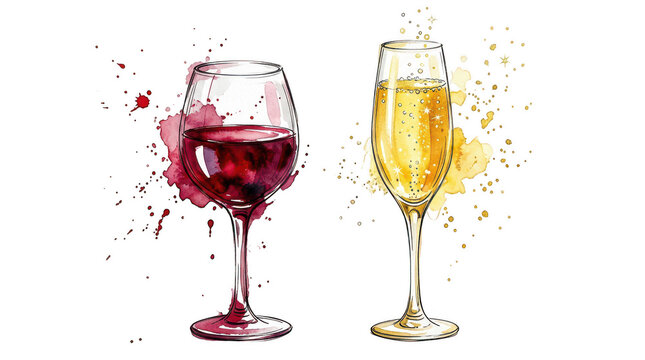 Watercolor red wine and champagne glasses isolated on transparent background