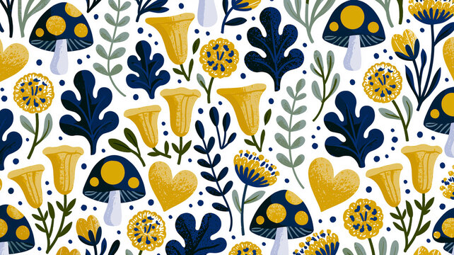 A repeating surface pattern showing a collection of stylized botanical and forest motifs on white. visible objects include dark blue mushrooms with round yellow patches. Ai generated