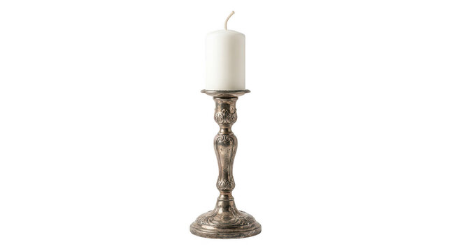 Vintage silver candlestick with white pillar candle, antique metal candle holder for home decor, elegant tabletop centerpiece for wedding or dinner isolated on Transparent Background
