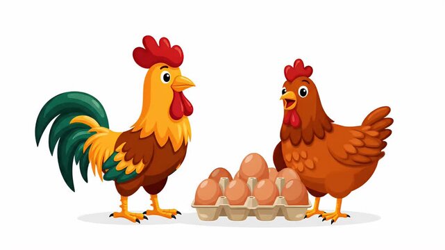 Rooster and hen near a carton of eggs, farm animals producing natural food, domestic poultry and fresh eggs
