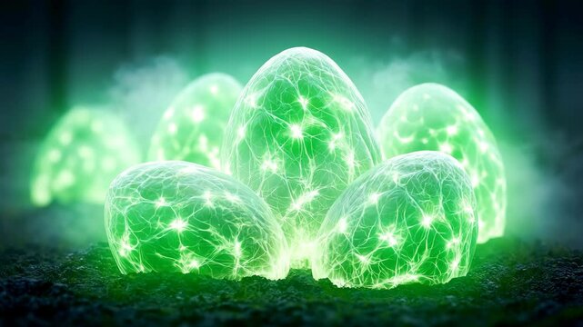 Glowing Alien Egg Pods on Dark Forest Floor in Mist at Night