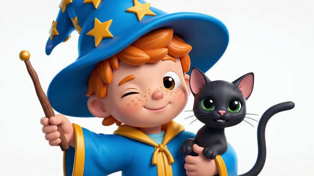 young wizard boy in blue star hat holding black cat and magic wand, fantasy character, animation