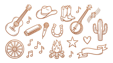 Collection of hand-drawn country music and western icons including a guitar, banjo, cowboy hat, boots, and cactus. © indira