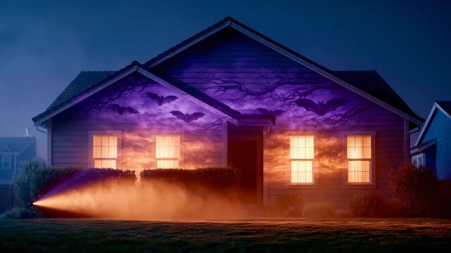 Halloween Projection of Bat Shadows on Suburban House at Night