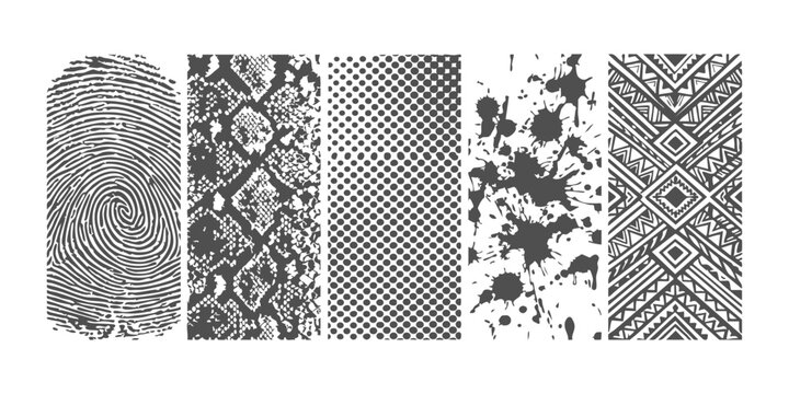 Set of five different black and white textured patterns including fingerprint snake skin and tribal shapes