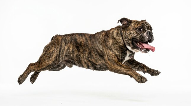 Brindle boxer mix dog jumping in mid-air against white backdrop