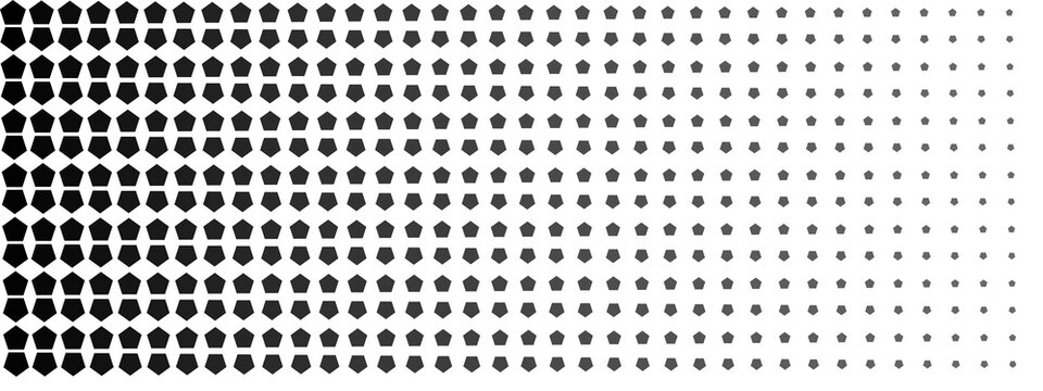 Black and white pentagon halftone fading pattern, Abstract geometric polygon size transition background, Monochrome pentagonal fading graphic design