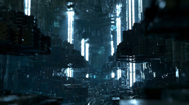 A futuristic underground metropolis with towering structures and vertical light beams illuminating a complex subterranean cityscape