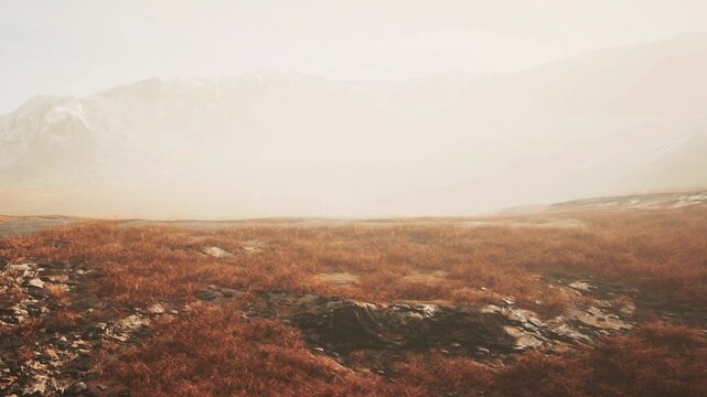 A view of a rocky terrain with patches of grass. The area is covered with fog, making distant mountains not clearly visible. The ground is uneven, and rocks are scattered throughout.