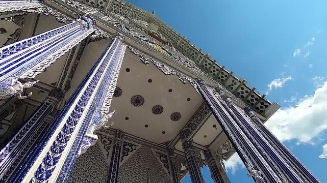 Close Up Architectural Details of Iconic Blue Chapel under Clear Sky, Intricate Blue Ceramic Temple Pillars and Ceiling, Chanthaburi Thailand