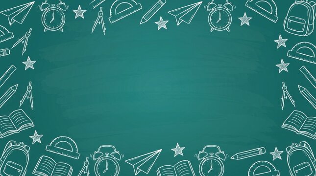 Teal green chalkboard back to school sale background with hand drawn education doodle frame