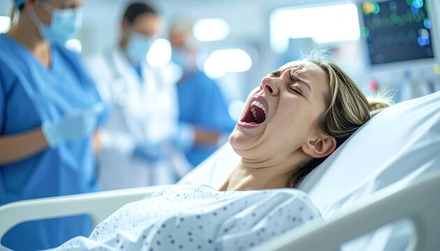Woman in labor cries out in pain with medical team present in hospital room