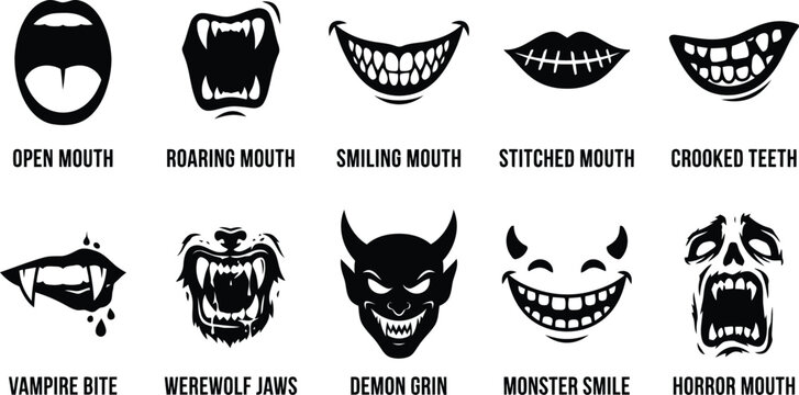 Collection of scary monster mouths and creepy teeth icons in black and white