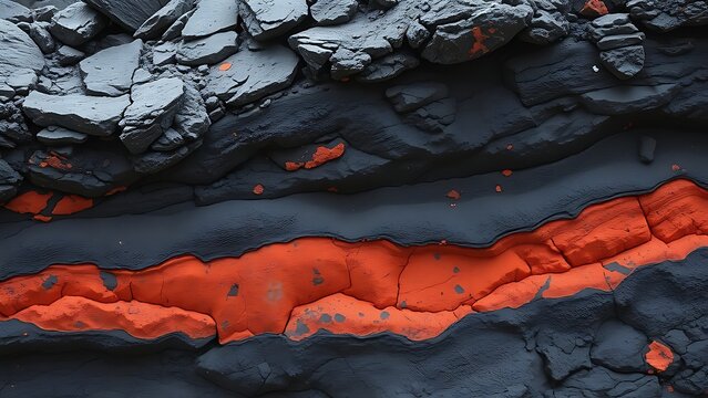 Cross-section of cooled volcanic lava flow fused with bedrock, contrasting textures.