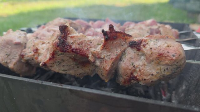 Juicy pork kebab grilling on barbecue skewers
