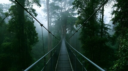 Fototapeta premium A suspended wooden walkway stretches through a lush green forest canopy shrouded in morning mist among towering trees