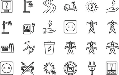 Obraz premium Energy power and electricity grid line icon set featuring solar wind turbine towers plug and industrial symbols