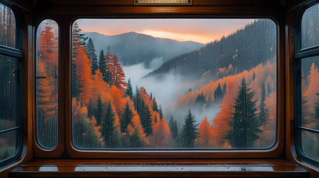 Cinematic autumn travel concept, view from inside a cozy train compartment through a large window pane looking out at a stunning misty mountain valley with orange pine trees.