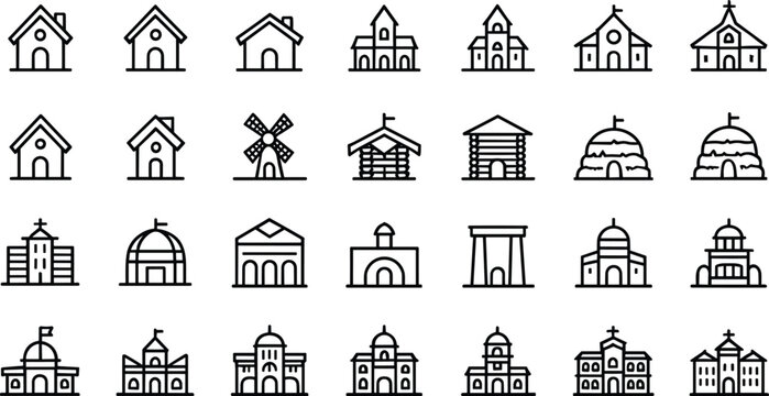 Architecture building and house line icon set with real estate property home church windmill cabin landmark graphics