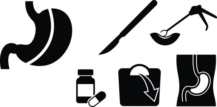 Gastroenterology stomach surgery and bariatric medical vector icons set for gastric bypass weight loss digestion treatment,