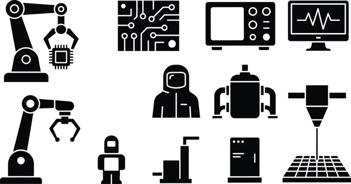 Robotic automation and industrial manufacturing vector icons set for smart factory microchip electronics hardware engineering technology,