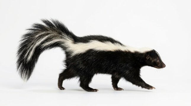 Side view of a wild skunk walking on white background with wildlife