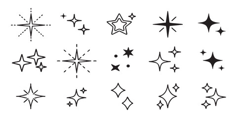 Set of hand drawn sparkle star icons black ink illustration for design elements decoration and magic effects © ZenVectors