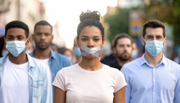 Woman with mouth taped shut in protest with masked crowd