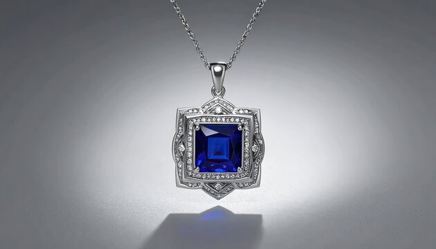 Elegant Square Blue Gem Necklace with Diamond Halo on Silver Chain