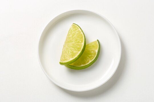 Lime wedges on a white plate, minimalist composition. Top view, negative space