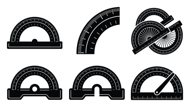 Black and white protractor icon set for geometry math education, engineering design and architectural drafting diagrams
