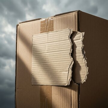 Cardboard box against stormy sky with torn paper mock-up