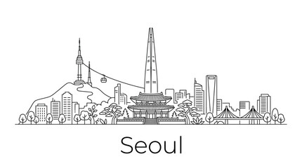 Obraz premium Seoul Skyline Outline - Iconic Landmarks, South Korea