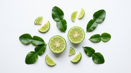 Obraz premium Sliced kaffir lime halves and leaves composition with ingredient