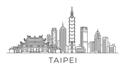 Obraz premium Taipei skyline vector illustration, modern skyscrapers and traditional temple, line art