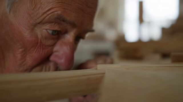 Elderly craftsperson leaning over stacked unfinished wooden planks, studying edge alignment, grain detail, and surface spacing with intense focus in soft indoor light