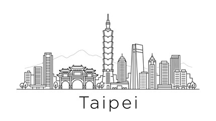 Obraz premium Taipei Skyline, Taiwan Landmark Architecture, Cityscape Line Art Illustration